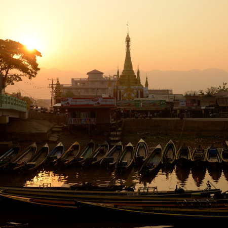 the Boat landing Pier at the Nan Chaung Main Canal in the city of Nyaungshwe at the Inle Lake in the Shan State in the east of Myanmar in Southeastasia.のeditorial素材