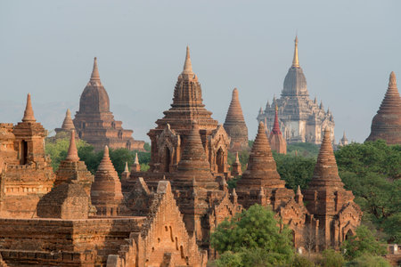 the Temple and Pagoda Fields in Bagan in Myanmar in Southeastasia.