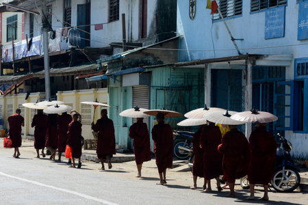 Monks on the road in the city centre of Myeik in the south in Myanmar in Southeastasia.のeditorial素材