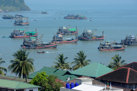 the harbour at the city of Myeik in the south in Myanmar in Southeastasia.