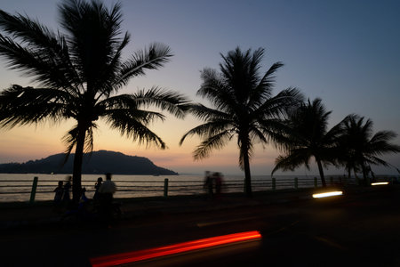 the sunset at the Stand road at the coast of the Andaman sea of Myeik in the south in Myanmar in Southeastasia.のeditorial素材