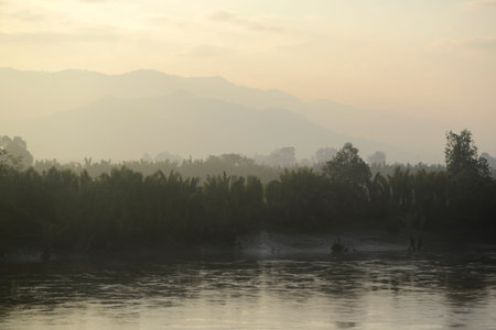 the landscape in the morning in a village near the city of Myeik in the south in Myanmar in...