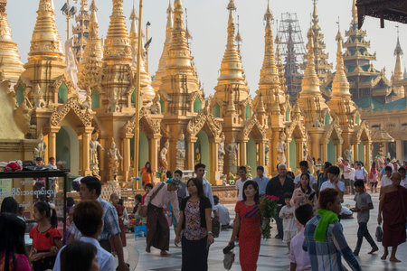 the architecture in the Shwedagon Paya Pagoda in the City of Yangon in Myanmar in Southeastasia.のeditorial素材