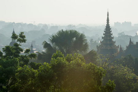 the landscape allround the Shwedagon Paya Pagoda in the City of Yangon in Myanmar in Southeastasia.
