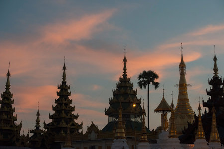 the architecture in the Shwedagon Paya Pagoda in the City of Yangon in Myanmar in Southeastasia.のeditorial素材