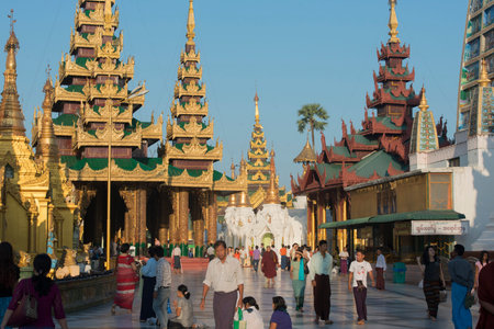 the architecture in the Shwedagon Paya Pagoda in the City of Yangon in Myanmar in Southeastasia.のeditorial素材
