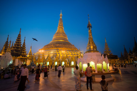 the architecture in the Shwedagon Paya Pagoda in the City of Yangon in Myanmar in Southeastasia.のeditorial素材