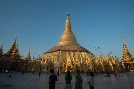 the architecture in the Shwedagon Paya Pagoda in the City of Yangon in Myanmar in Southeastasia.のeditorial素材