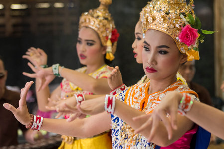 Traditional Dancers at the Erawan Shrine at Pratunam in the Citycentre of Bangkok in Thailand in...