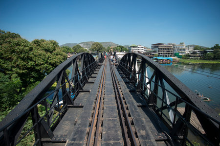 the Death Railway Bridge over the River Kwai of the Burma-Thailand Railway in the City of Kanchanaburi in Central Thailand in Southeastasia.のeditorial素材