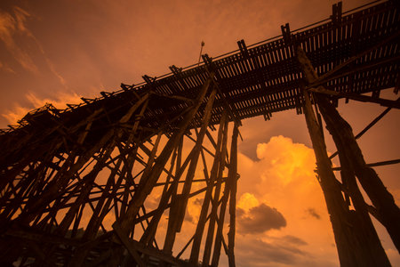 the Wang Kka Wooden Bridge in the  landscape at the Khao Laem Lake in the Village of Sangkhlaburi...