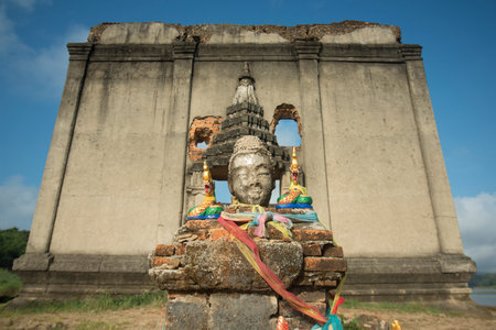 the floodet Wat Sam Prasop in the  landscape at the Khao Laem Lake in the Village of Sangkhlaburi north of the City of Kanchanaburi in Central Thailand in Southeastasia.のeditorial素材