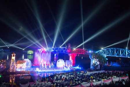 a Sound and light show at the Death Railway Bridge over the River Kwai of the Burma-Thailand Railway...