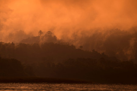 the landscape at the Khao Laem Lake near the Village of Sangkhlaburi north of the City of...