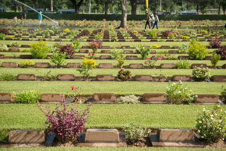 the Allied War Cemetery near the Death Railway Bridge over the River Kwai of the Burma-Thailand...