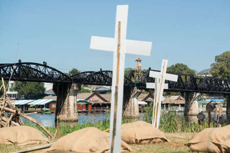 the Death Railway Bridge over the River Kwai of the Burma-Thailand Railway in the City of Kanchanaburi in Central Thailand in Southeastasia.のeditorial素材