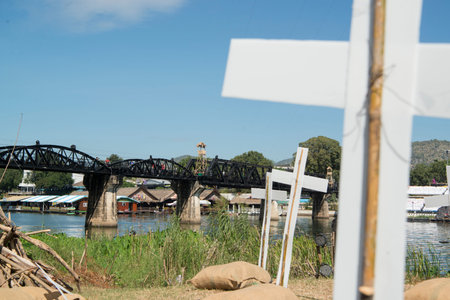 the Death Railway Bridge over the River Kwai of the Burma-Thailand Railway in the City of Kanchanaburi in Central Thailand in Southeastasia.のeditorial素材
