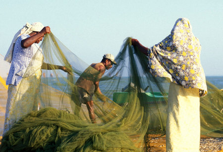 Fishermen at the coast of Nagombo at the westcoast of Sri Lanka in Asien.