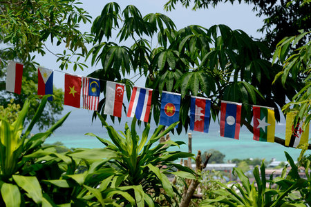 Flags of the ASEAN Nations in the Town of Ko PhiPhi on Ko Phi Phi Island outside of the City of...