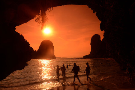The Hat Phra Nang Beach at Railay near Ao Nang outside of the City of Krabi on the Andaman Sea in...