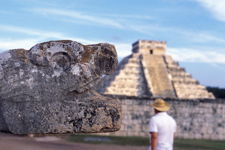The Maya Ruins with the Kukulkan Pyramide of Chichen Itza in the Province Yucatan in Mexico in...