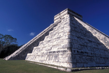 The Maya Ruins with the Kukulkan Pyramide of Chichen Itza in the Province Yucatan in Mexico in...