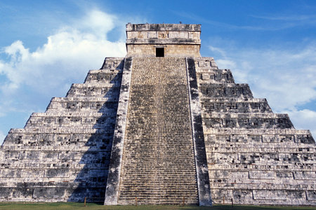 The Maya Ruins with the Kukulkan Pyramide of Chichen Itza in the Province Yucatan in Mexico in...