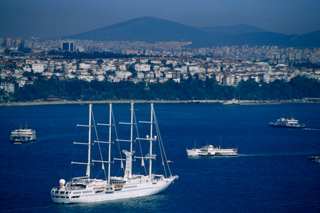 the sea of Bosporus from a city view of Karakoy and Galata in the city Istanbul in Turkey.  Turkey,...