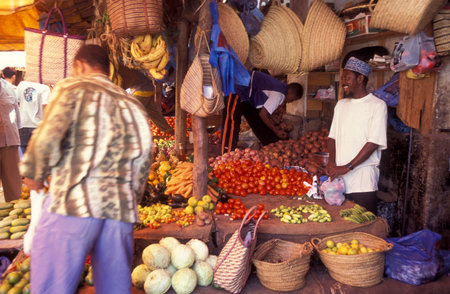 fruits and vegetable at the food Market in the Old Town of Stone Town on the Island of Zanzibar in Tanzania.  Tanzania, Zanzibar, Stone Town, October, 2004のeditorial素材