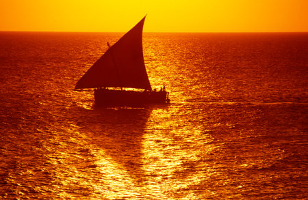 a traditional Dhoni Sailboat at the Indian Ocean in front of the Old Town of Stone Town on the...