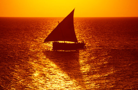 a traditional Dhoni Sailboat at the Indian Ocean in front of the Old Town of Stone Town on the...