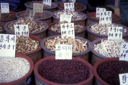 ginseng in a shop on a market in the city of Seoul in South Korea in EastAasia.  Southkorea, Seoul, May, 2006のeditorial素材