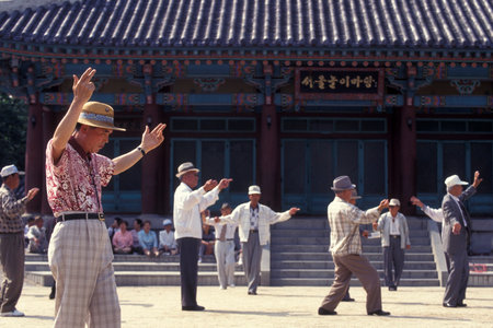 seniors  on a traditional dance in the city of Seoul in South Korea in EastAasia.  Southkorea,...
