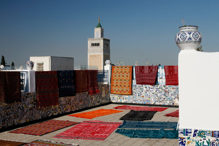 a Carpet Shop and Production in front of the Ez Zitouna or Al Zaytuna Mosque in the Medina of the Old City of Tunis in north of Tunisia in North Africa,  Tunisia, Sidi Bou Sair, March, 2009のeditorial素材