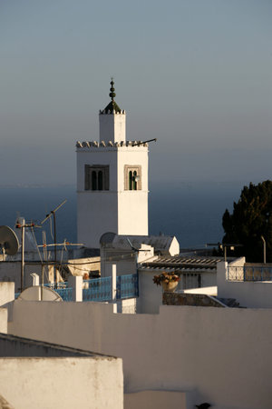 the Mosque of Sidi Bou Said in the Old Town of Sidi Bou Said near the City of Tunis in north of Tunisia in North Africa,  Tunisia, Sidi Bou Said, March, 2009のeditorial素材