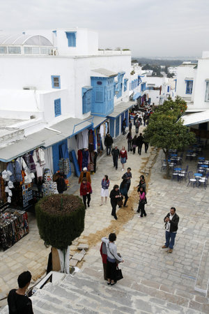 a alley in the Old Town of Sidi Bou Said near the City of Tunis in north of Tunisia in North Africa,  Tunisia, Sidi Bou Sair, March, 2009のeditorial素材