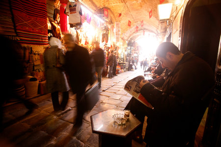 a Bakery with Loaf at a Marketstreet in the Souq, Market or bazaar in the Old City of Tunis in north...