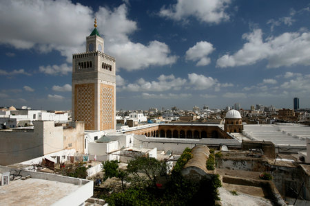 the Ez Zitouna or Al Zaytuna Mosque in the Medina of the Old City of Tunis in north of Tunisia in North Africa,  Tunisia, Sidi Bou Sair, March, 2009のeditorial素材