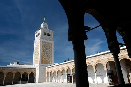 the Ez Zitouna or Al Zaytuna Mosque in the Medina of the Old City of Tunis in north of Tunisia in North Africa,  Tunisia, Sidi Bou Sair, March, 2009のeditorial素材