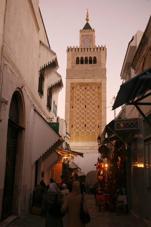 the Ez Zitouna or Al Zaytuna Mosque in the Medina of the Old City of Tunis in north of Tunisia in North Africa,  Tunisia, Sidi Bou Sair, March, 2009のeditorial素材