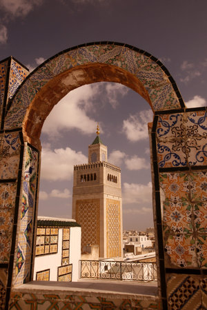 the Ez Zitouna or Al Zaytuna Mosque in the Medina of the Old City of Tunis in north of Tunisia in North Africa,  Tunisia, Sidi Bou Sair, March, 2009のeditorial素材