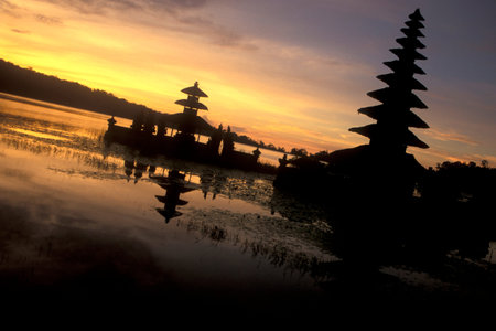 The Pura Ulun Danu Temple in the Landscape at the Bratan Lake on the Island Bali in Indonesia.  Indonesia, Bali, March, 2, 2001のeditorial素材