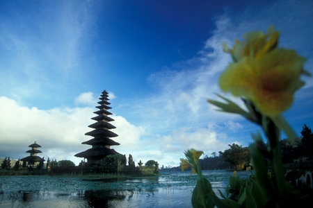 The Pura Ulun Danu Temple in the Landscape at the Bratan Lake on the Island Bali in Indonesia.  Indonesia, Bali, March, 2, 2001のeditorial素材