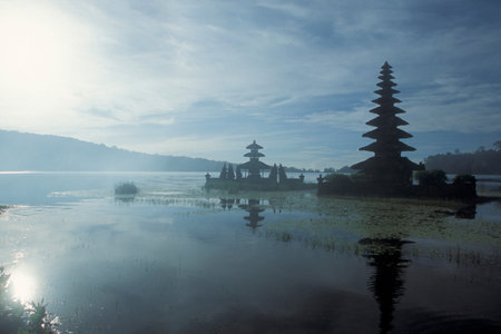 The Pura Ulun Danu Temple in the Landscape at the Bratan Lake on the Island Bali in Indonesia.  Indonesia, Bali, March, 2, 2001のeditorial素材
