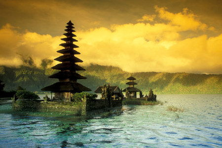 The Pura Ulun Danu Temple in the Landscape at the Bratan Lake on the Island Bali in Indonesia.  Indonesia, Bali, March, 2, 2001のeditorial素材