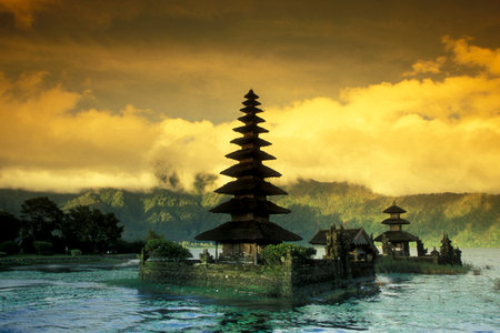The Pura Ulun Danu Temple in the Landscape at the Bratan Lake on the Island Bali in Indonesia.  Indonesia, Bali, March, 2, 2001のeditorial素材