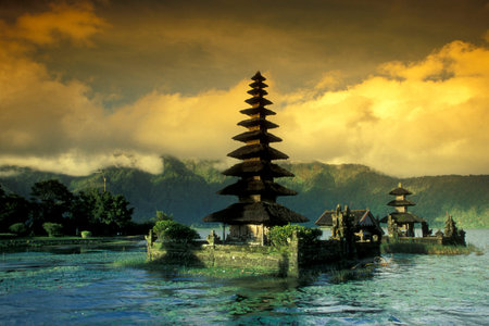 The Pura Ulun Danu Temple in the Landscape at the Bratan Lake on the Island Bali in Indonesia.  Indonesia, Bali, March, 2, 2001のeditorial素材