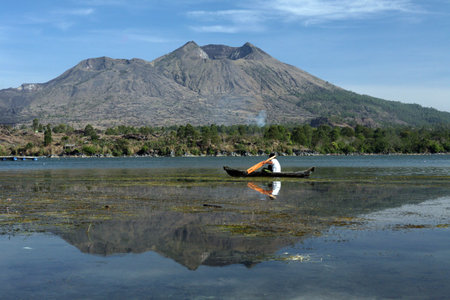 the landscape at the Lake Batur with the volcano Mt. Batur on the island Bali in indonesia in southeastasiaのeditorial素材