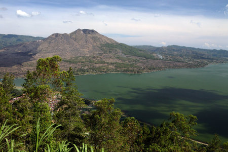 the landscape at the Lake Batur with the volcano Mt. Batur on the island Bali in indonesia in southeastasiaのeditorial素材
