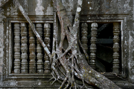 a window at the Tempel Ruins of Beng Mealea 32 Km north of the Temple City of Angkor near the City...